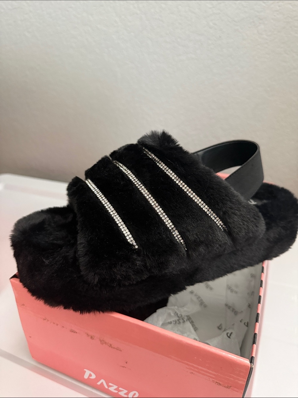 PAZZO Black Faux Fur Slide with Rhinestone Straps
